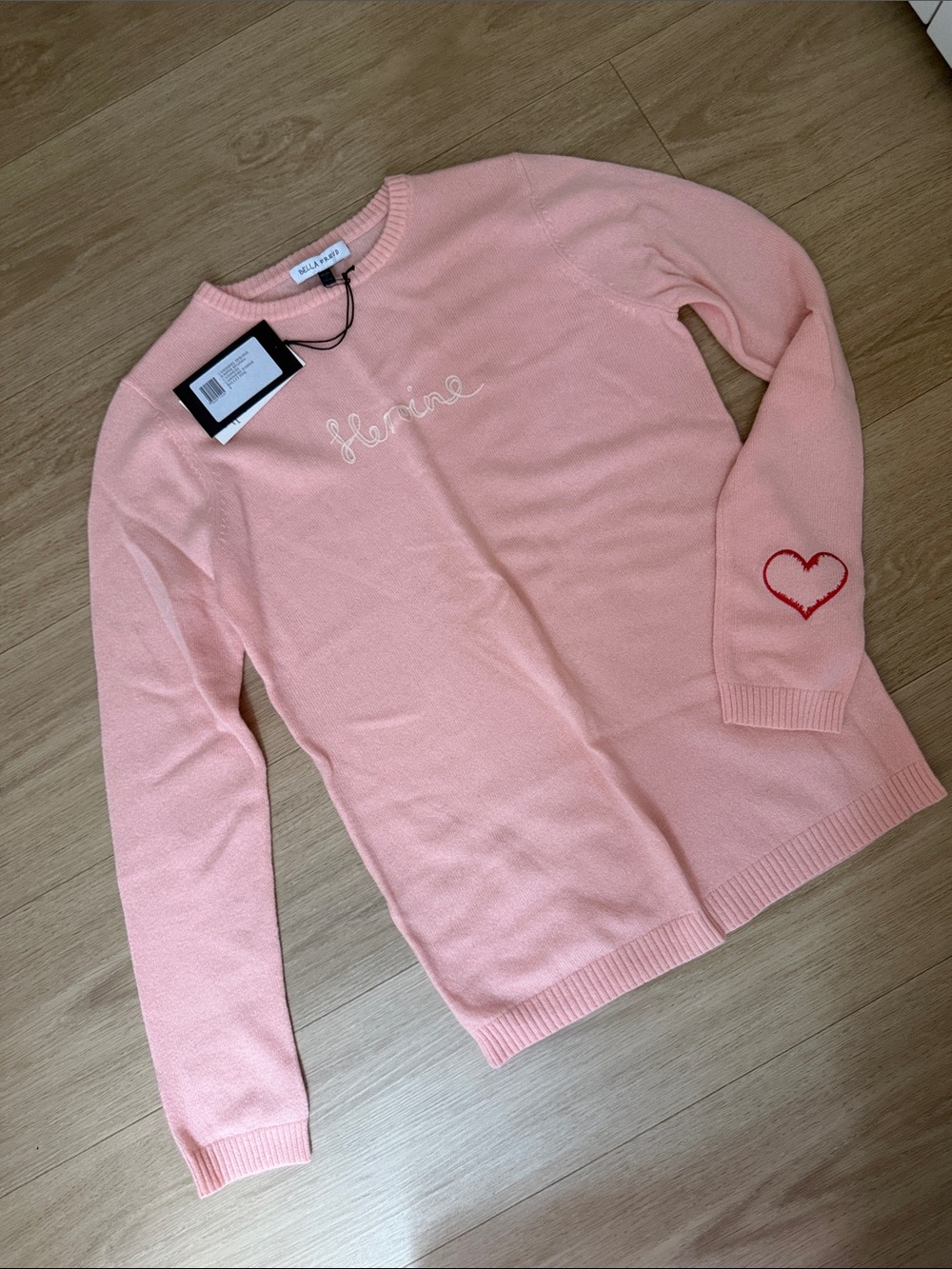 RARE Bella Freud “Heroine” Embroidered Pink Cashmere Sweater with Heart Sleeve